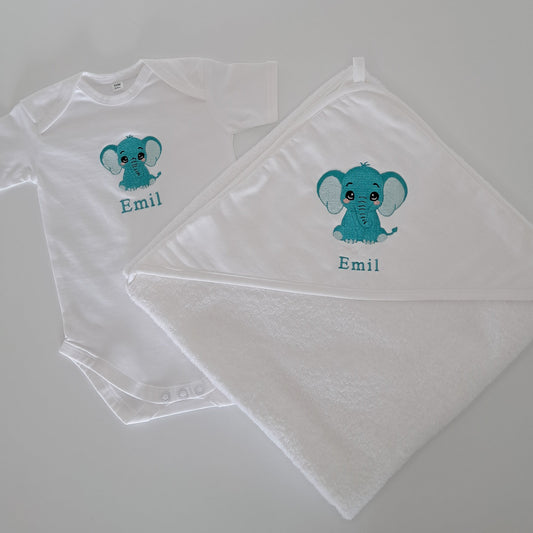 Personalisiertes Babyset - Elefant (Babybody & Kapuzenhandtuch)