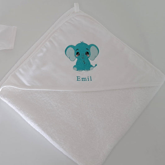 Personalisiertes Kapuzenhandtuch mit Elefant-Stickerei & Name